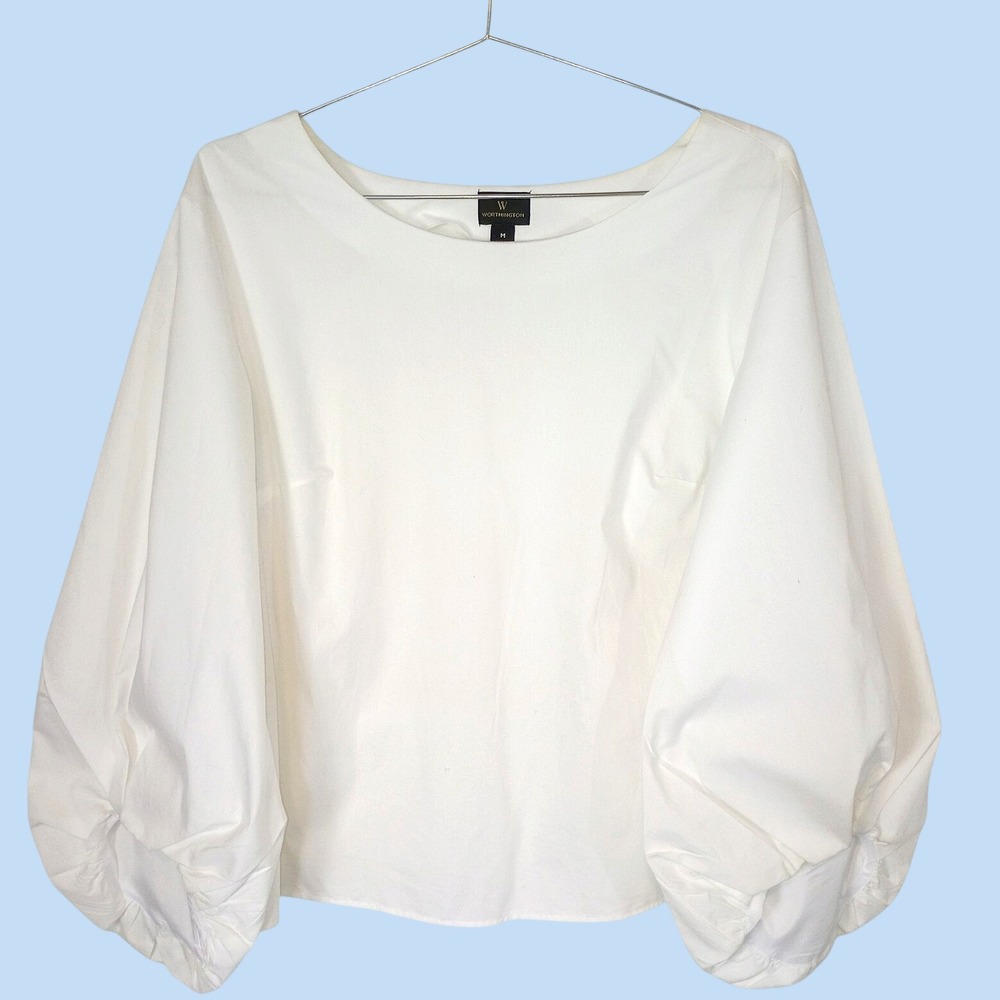 Worthington Vintage White Boat Neck Puff Lantern Sleeve Blouse Top Medium
